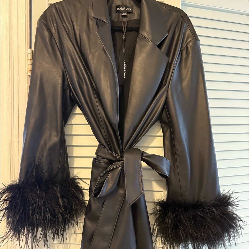 LAMARQUE Black Leather Jacket with Feather Cuffs